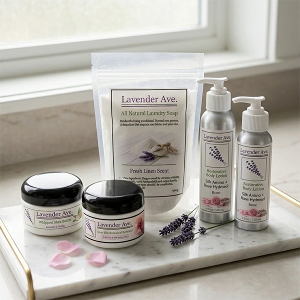 Lavender Avenue Laundry Soap displayed alongside Lavender Avenue Skin care products